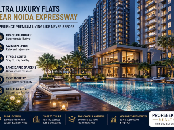 Ultra luxury flats near Noida Expressway with modern amenities, clubhouse, and pool view