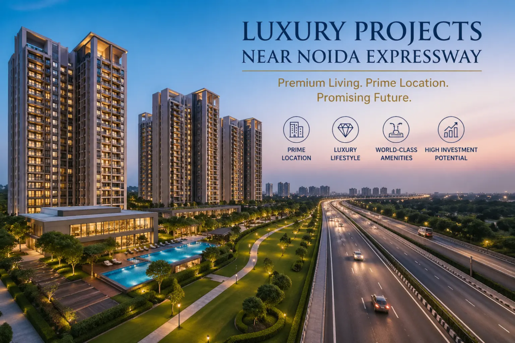 Luxury apartments near Noida Expressway with modern amenities and wide highway view.