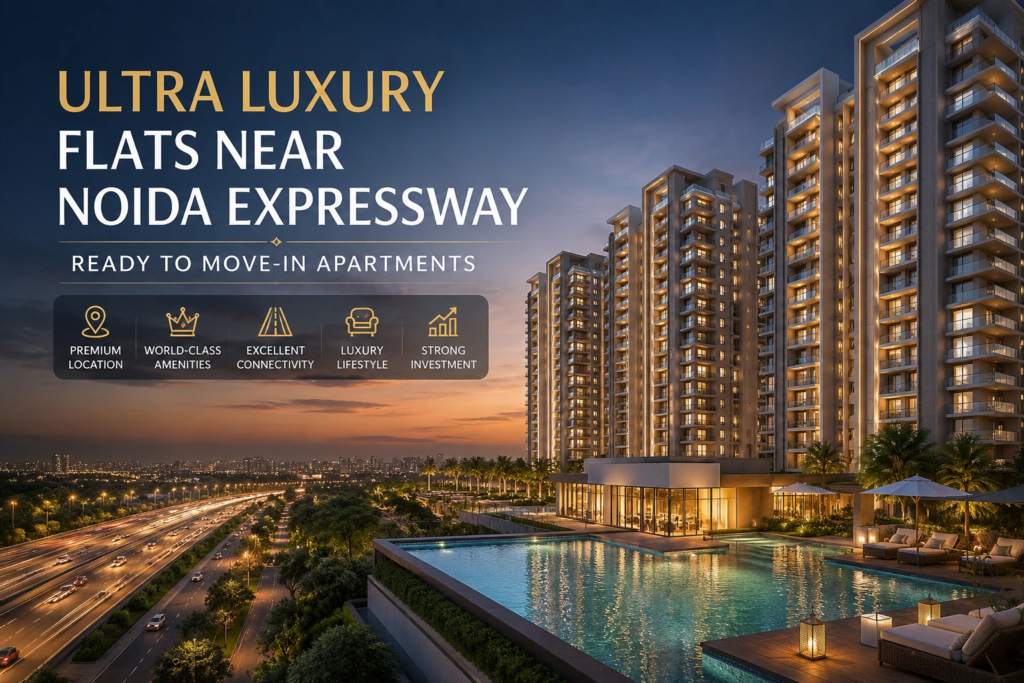 Luxury flats near Noida Expressway with premium amenities and skyline view.