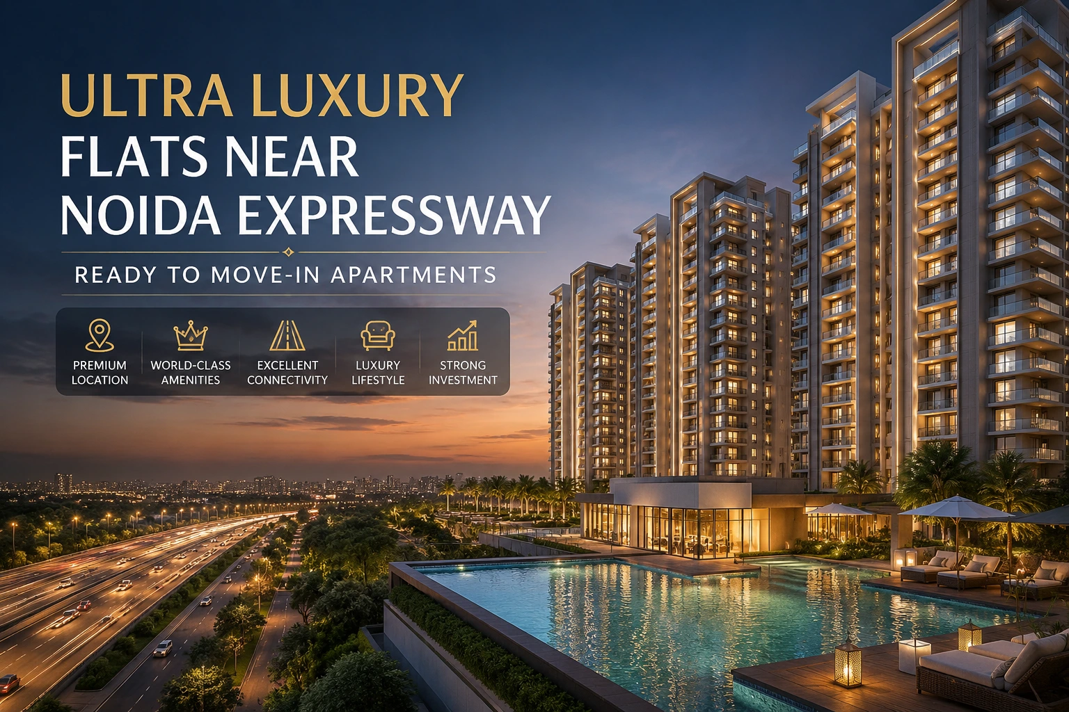 Luxury flats near Noida Expressway with premium amenities and skyline view.