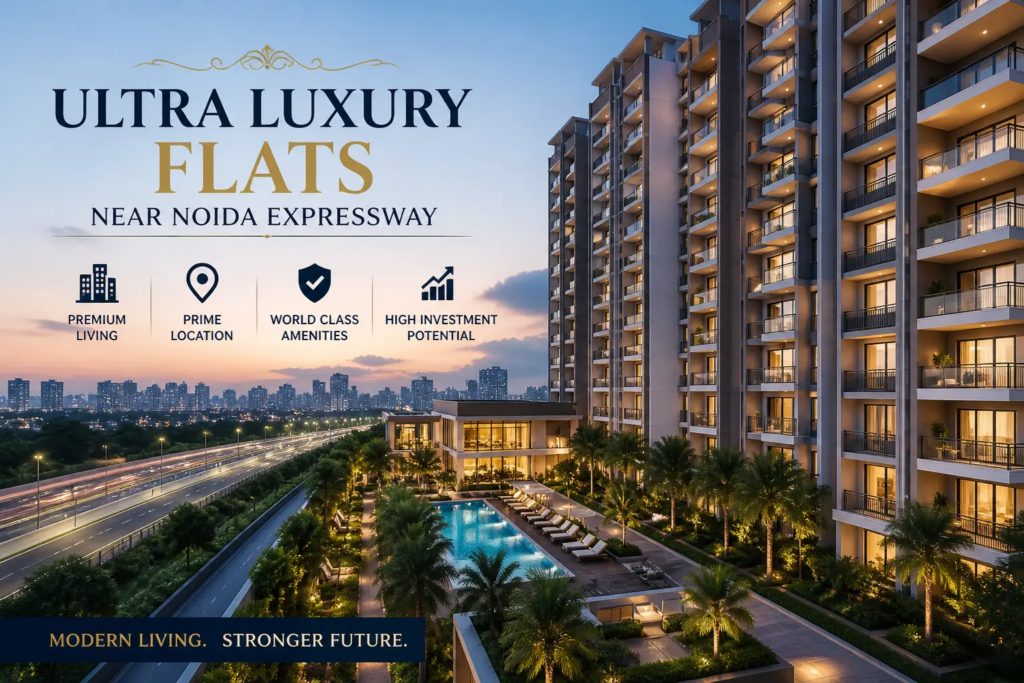 Ultra luxury flats near Noida Expressway with modern high-rise and pool view.