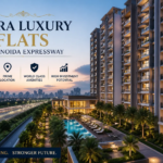 Ultra luxury flats near Noida Expressway with modern high-rise and pool view.