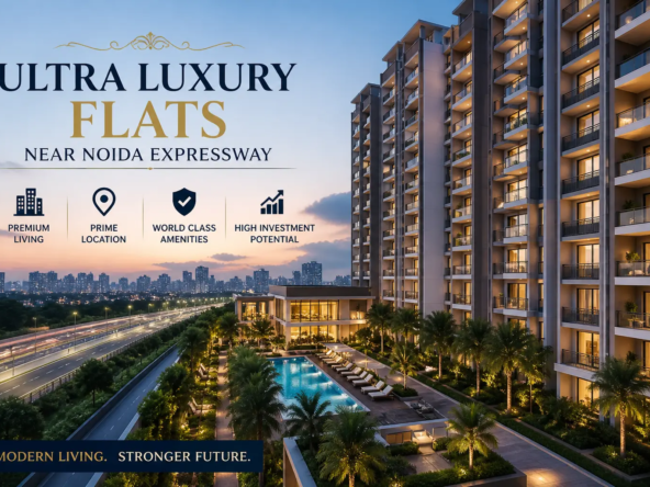 Ultra luxury flats near Noida Expressway with modern high-rise and pool view.